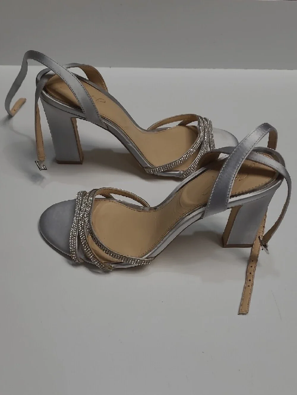 Jewel Badgley Mischka Silver Rhinestone Strap High Heel Sandals - Size 10